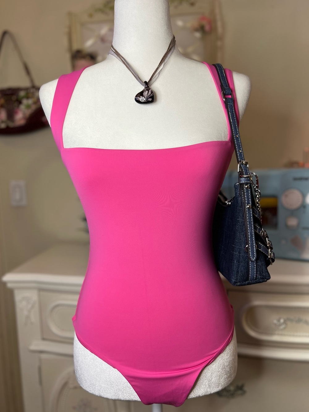 Square Neck Hot Pink Wide-Strap Bodysuit